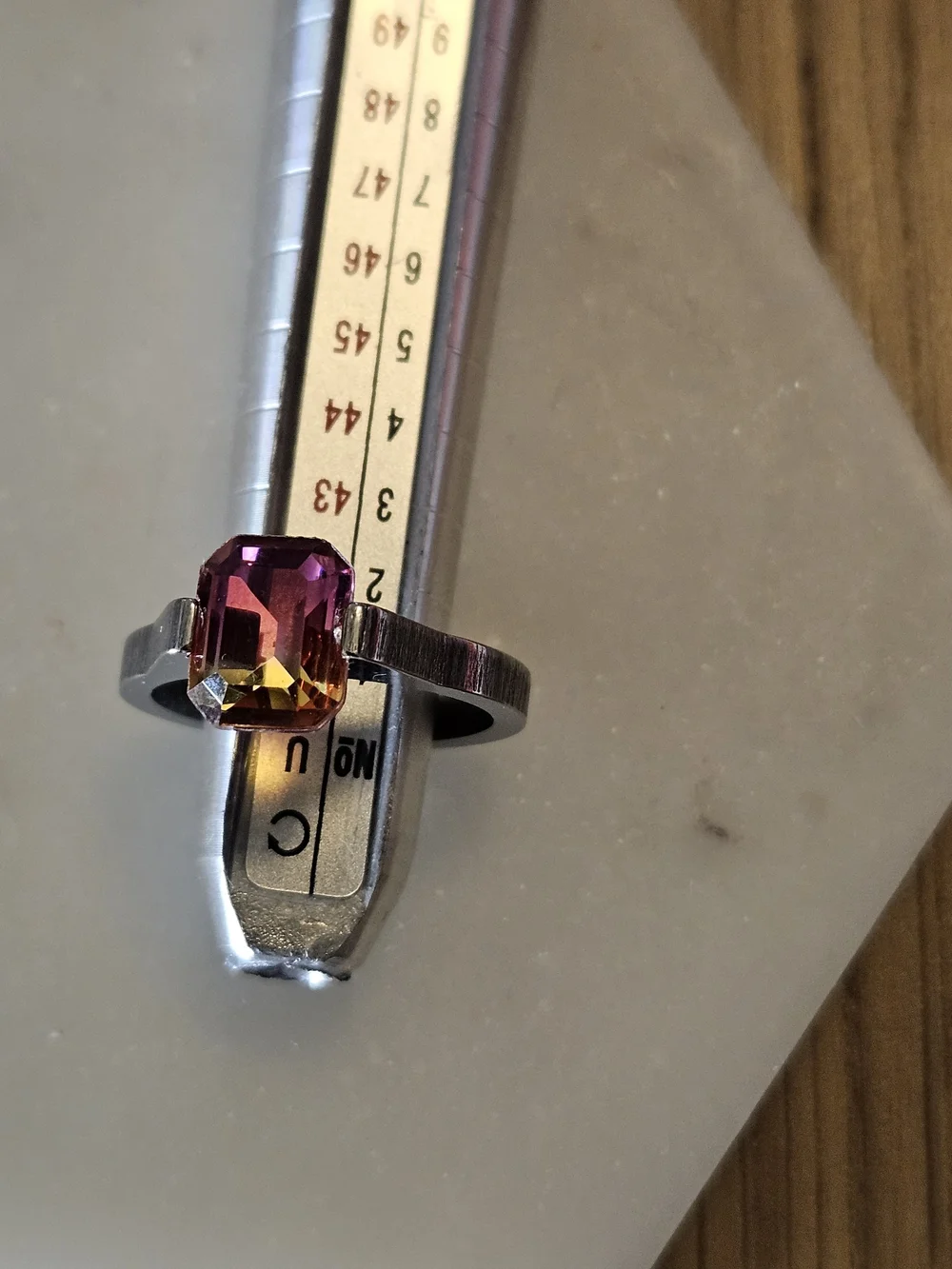 Modernist Stainless Steel Bi-Color Pink Yellow Emerald Cut Ring Size 8.5 Silver